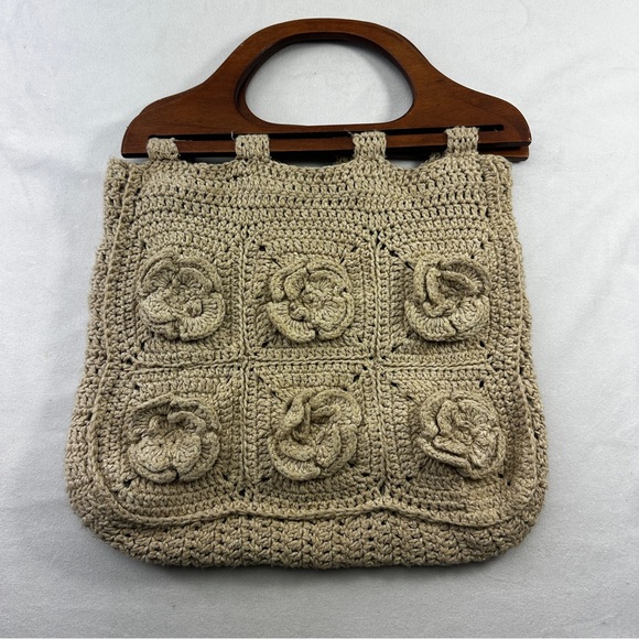 Handmade Handbags - Handmade Knit Crochet Shoulder Bag Wood Floral Cottagecore Sequoia Line Tan Hobo